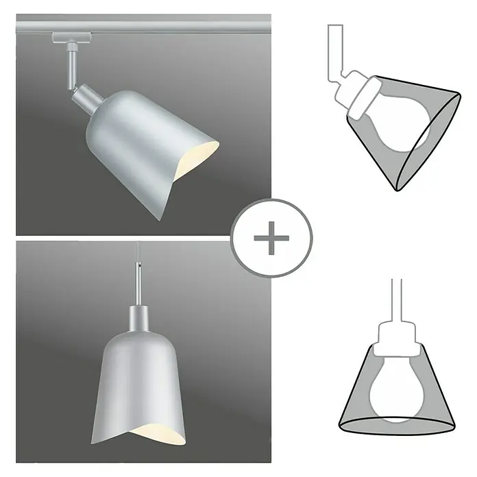 Paulmann URail Lampenschirm Alvaro - E14, Ø x H: 14,4 x 17 cm, Chrom - Das Bild zeigt eine Kombination aus zwei verschiedenen Lampenmodellen: einer Schienenleuchte und einer Pendelleuchte, dazu jeweils eine Strichzeichnung.