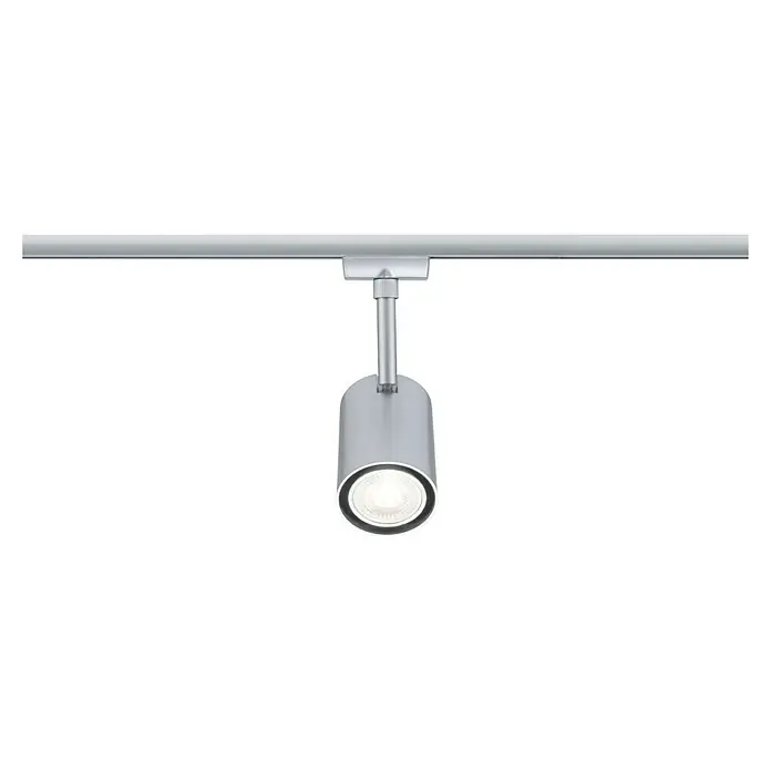 Paulmann URail LED-Spot Luxe - 10 W, Chrom matt, 6,5 x 9 x 16,3 cm, RGBW - Nahaufnahme einer silbernen Deckenleuchte mit hell erleuchteter Glühbirne, die moderne Beleuchtung und ein schlankes Design präsentiert.