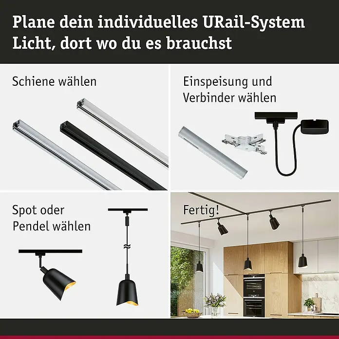 Paulmann URail Lampenschirm Alvaro - E14, Ø x H: 14,4 x 17 cm, Schwarz - Das Bild zeigt ein URail-System, das aus Schienen, Einspeisungen, Verbindern und Spots/Pendeln besteht, um ein individuelles Beleuchtungssystem zu erstellen.