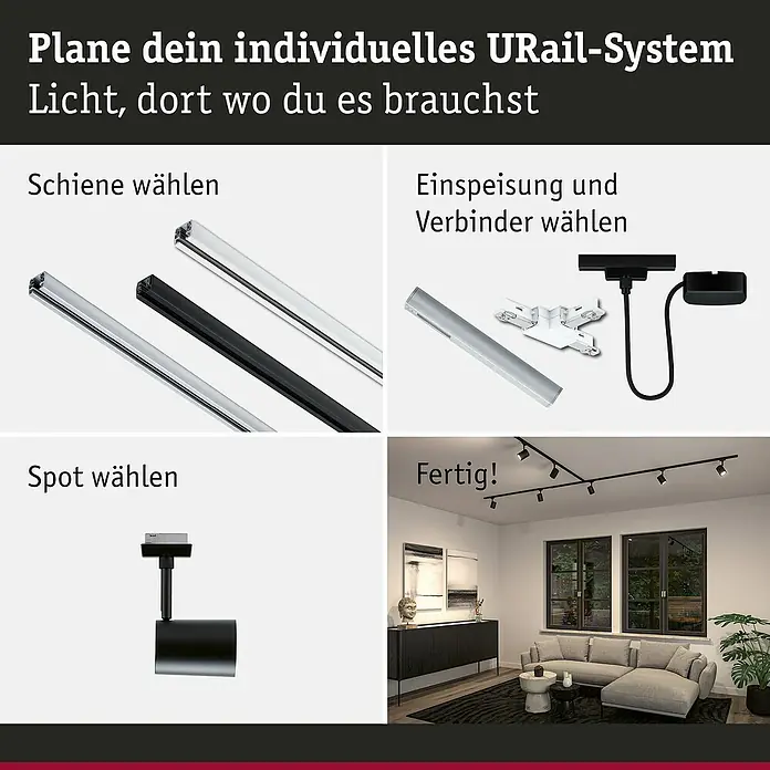 Paulmann URail LED-Spot Luxe - 10 W, Schwarz matt, 6,5 x 9 x 16,3 cm - Produktabbildung mit dem Titel "Plane dein individuelles URail-System".