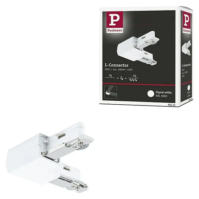 Paulmann URail L-Verbinder - L x B x H: 62 x 62 x 18 mm, Signalweiß - Abbildung eines Paulmann URail L-Connectors in Weiß. Eine Packung des Produkts befindet sich im Hintergrund.