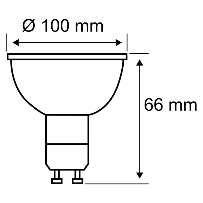 Paulmann LED-Lampe Reflektor Standard - Dimmbar, Warmweiß, 170 lm, 4,9 W - Technische Zeichnung einer GU10 LED Lampe mit den Maßen Ø 100 mm und einer Höhe von 66 mm.