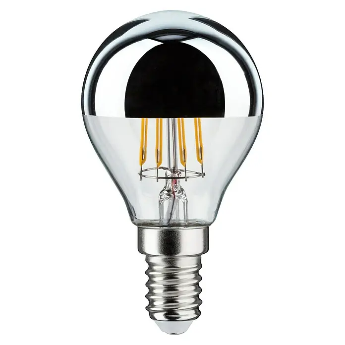 Paulmann Bombilla LED Gota E14 - Intensidad regulable, Blanco cálido, 440 lm - Primer plano de una bombilla LED espejo con filamento Edison, que irradia una luz cálida y acogedora. El diseño elegante realza cualquier habitación.