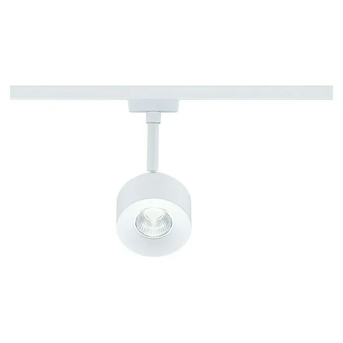 Paulmann URail LED-Spot Pane - Signalweiß, Neutralweiß - Nahaufnahme einer weißen LED-Schienenleuchte, die von einer weißen Schiene an der Decke hängt und ein helles Licht ausstrahlt.