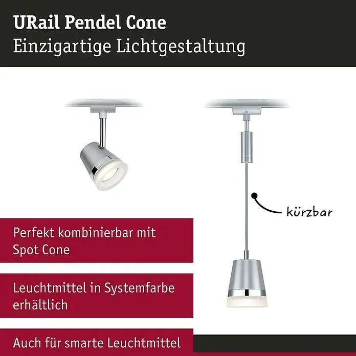 Paulmann URail Pendelleuchte Cone - Ø x H: 8,4 x 121,4 cm, Chrom matt - Produktabbildung der URail Pendel Cone Leuchte, die eine einzigartige Lichtgestaltung ermöglicht und sich perfekt mit Spot Cone kombinieren lässt.