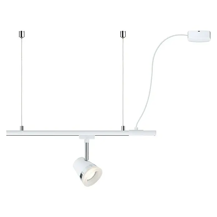 Paulmann URail Stromeinspeisung Cabel Feed - Signalweiß, 2 m - Eine moderne, weiße Schienenleuchte mit einem verstellbaren Spot und silbernen Aufhängungen vor einem schwarzen Hintergrund.