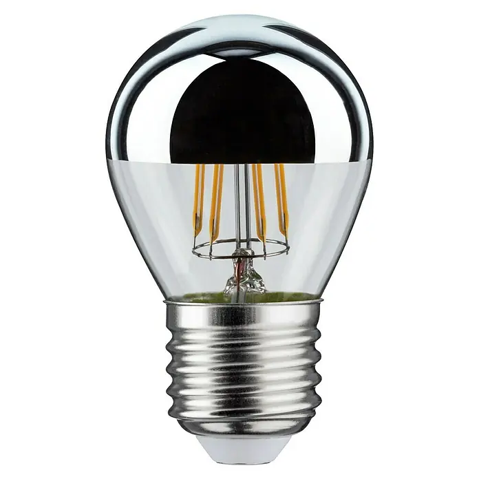 Paulmann LED-Lampe Modern Classic Edition - Dimmbar, Warmweiß, 360 lm - Nahaufnahme einer verspiegelten LED-Lampe mit klarem Glaskörper, die die filigranen Glühfäden und die silberne Basis zeigt.