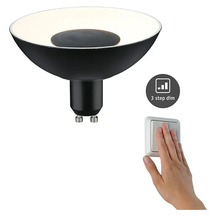 Paulmann LED-Lampe Reflektor Standard - Dimmbar, Warmweiß, 360 lm, 4,9 W, Schwarz - Produktbild einer schwarzen LED-Lampe mit 3-Stufen-Dimmfunktion, die per Wandschalter bedient wird.