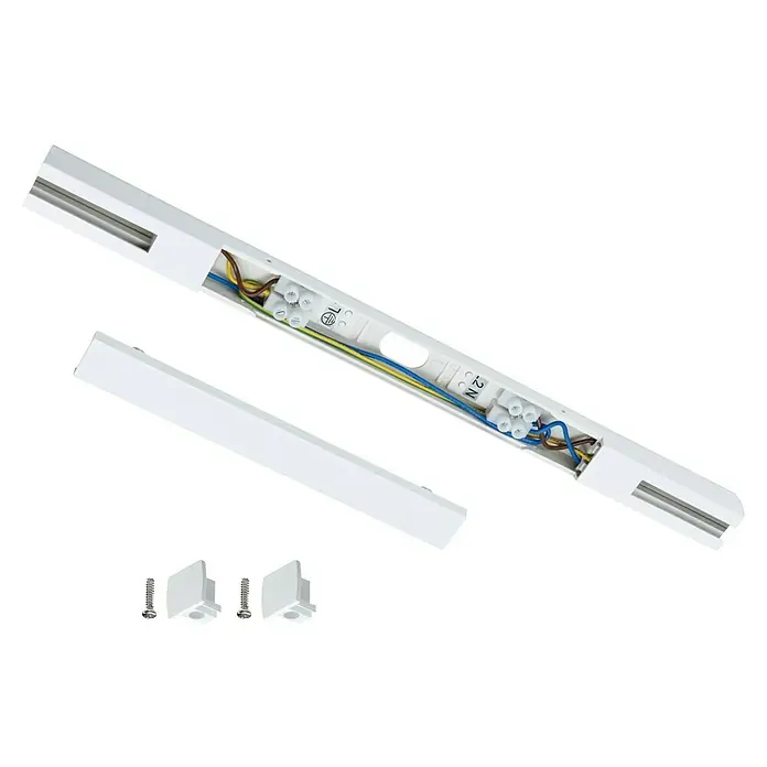 Paulmann URail Mittel-Einspeisung - L x B x H: 304 x 18 x 18 mm, Signalweiß - Nahaufnahme einer weißen Stromschiene mit Zubehör. Die Stromschiene ist teilweise geöffnet und zeigt die interne Verdrahtung.