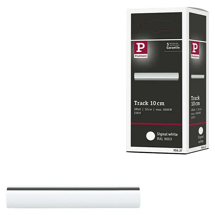 Paulmann URail Schiene - 10 cm, Metall, Signalweiß - Abbildung einer Paulmann Urail Schiene, 10 cm lang, in der Farbe Signalweiß, zusammen mit der Produktverpackung.