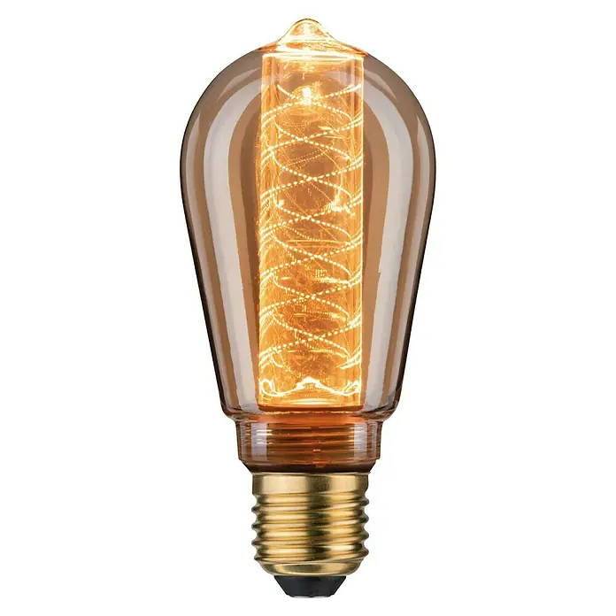 Paulmann LED-Lampe Inner Glow Edition Spiral - Dimmbar, Warmweiß, 120 lm, 6,4 cm - Nahaufnahme einer Vintage-Glühbirne mit warmem, gelbem Licht und dekorativem Glühfaden auf schwarzem Hintergrund.