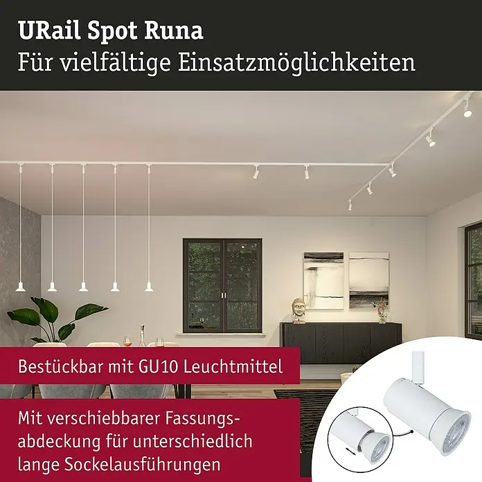 Paulmann URail LED-Spot Runa - 10 W, Signalweiß, 3,5 x 6 x 13,3 cm - Das Bild zeigt das URail Spot Runa Schienensystem, eine flexible Beleuchtungslösung für unterschiedliche Raumbedürfnisse, inklusive GU10 Leuchtmittel.