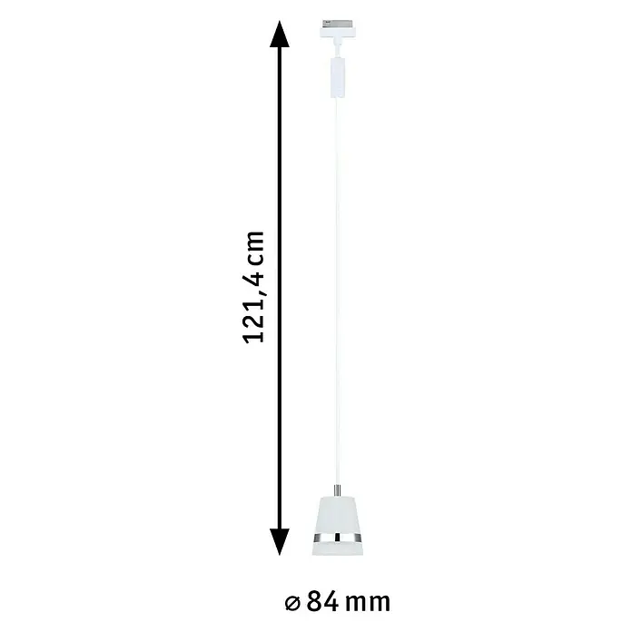 Paulmann URail Pendelleuchte Cone - Ø x H: 8,4 x 121,4 cm, Signalweiß - Abmessungen der stilvollen, weißen Pendelleuchte mit silbernem Akzentring: 121,4 cm Höhe und 84 mm Durchmesser.