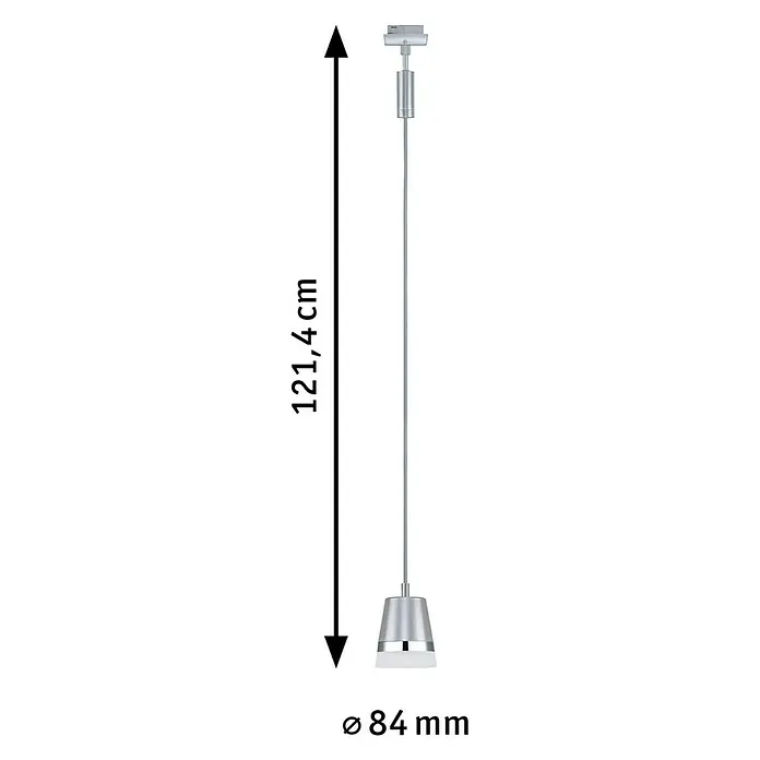 Paulmann URail Pendelleuchte Cone - Ø x H: 8,4 x 121,4 cm, Chrom matt - Abbildung einer stilvollen Hängelampe mit den Maßen 121,4 cm Höhe und 84 mm Durchmesser, perfekt für moderne Innenräume.
