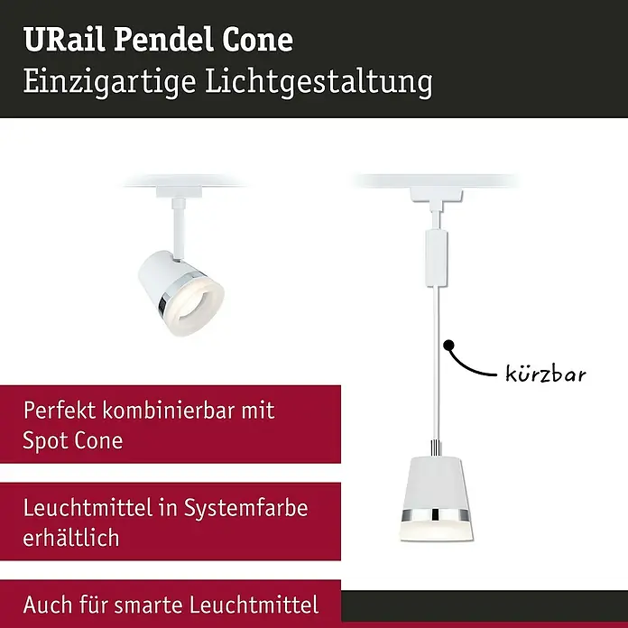 Paulmann URail Pendelleuchte Cone - Ø x H: 8,4 x 121,4 cm, Signalweiß - Das Bild zeigt die URail Pendel Cone Leuchte, eine einzigartige Lichtgestaltung, die perfekt mit Spot Cone kombinierbar ist und smarte Leuchtmittel unterstützt.