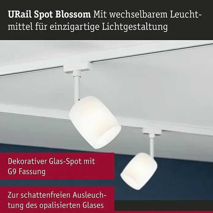 Paulmann URail LED-Spot Blossom - 10 W, Signalweiß, G9, 1 Stk. - Nahaufnahme von zwei URail Spot Blossom Leuchten an einer weißen Decke, die ein sanftes, warmes Licht ausstrahlen.