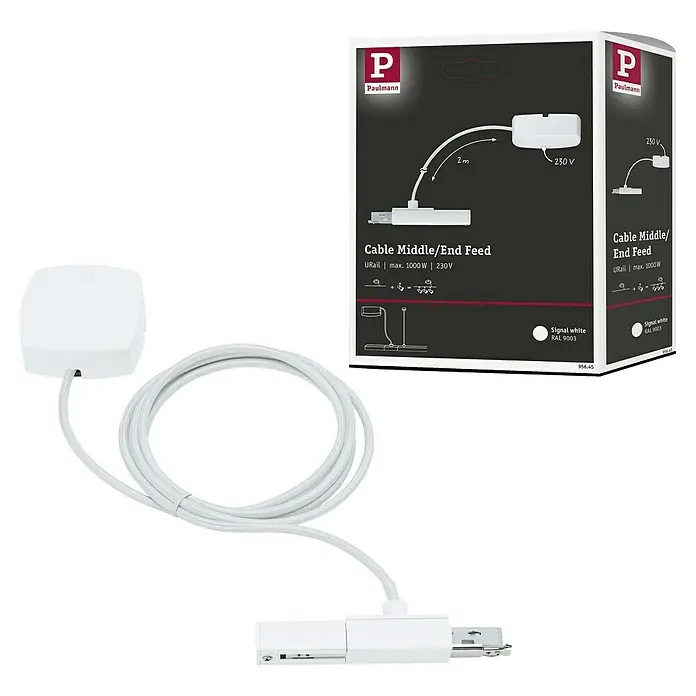 Paulmann URail Stromeinspeisung Cabel Feed - Signalweiß, 2 m - Abbildung eines Paulmann URail Kabels für die mittlere/endgültige Einspeisung in Signalweiß (RAL 9003), ideal für Beleuchtungssysteme.