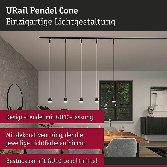 Paulmann URail Pendelleuchte Cone (Ø x H: 8,4 x 121,4 cm, Schwarz matt) | BAUHAUS
