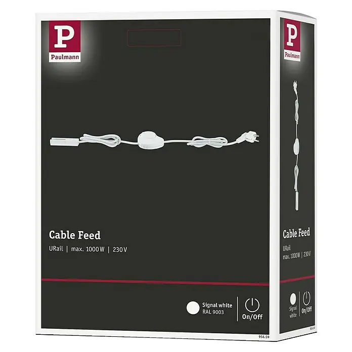 Paulmann URail Stromeinspeisung - Signalweiß, 200 cm - Produktverpackung für ein Paulmann URail Kabelzuführungssystem, max. 1000W, 230V, mit Schalter und in Signalweiß (RAL 9003) gehalten.
