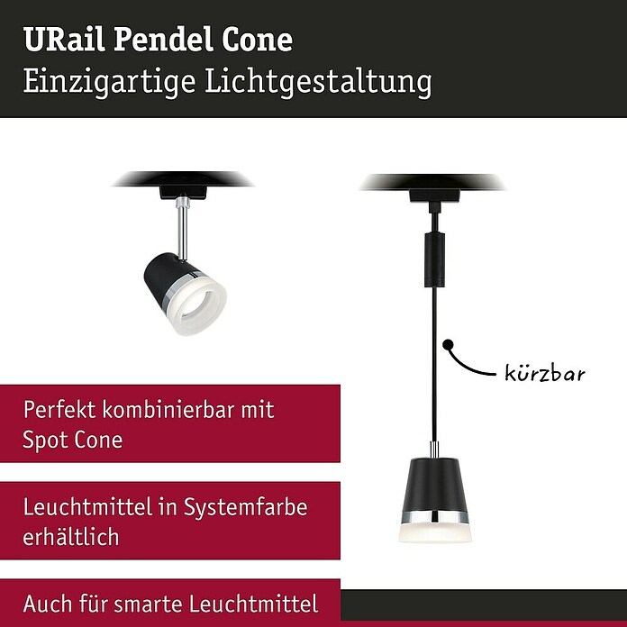 Paulmann URail Pendelleuchte Cone (Ø x H: 8,4 x 121,4 cm, Schwarz matt) | BAUHAUS