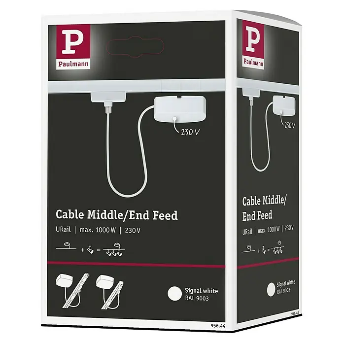 Paulmann URail Stromeinspeisung - 100 cm, 100 W, Signalweiß, Inkl. Endkappe - Produktverpackung für Paulmann URail Kabeleinspeisung Mitte/Ende, max. 1000W, 230V, in Signalweiß (RAL 9003) für flexible Stromversorgung.