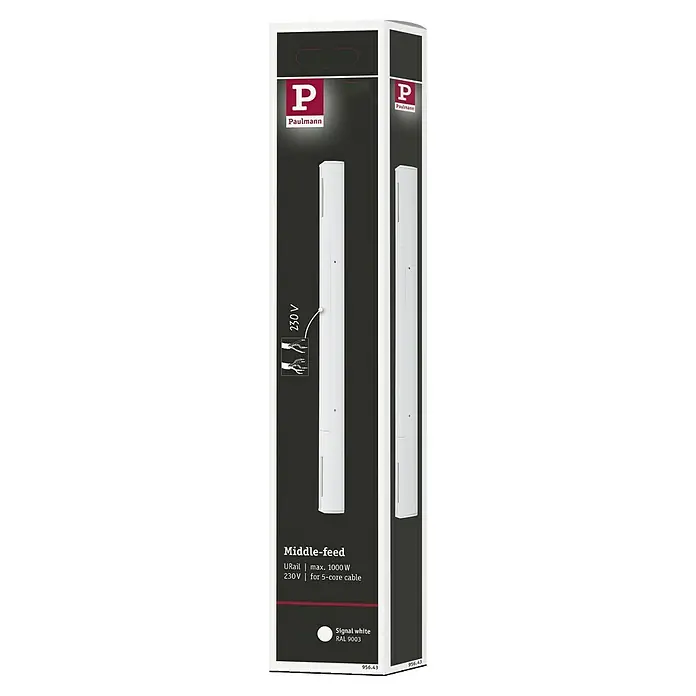 Paulmann URail Mittel-Einspeisung - L x B x H: 304 x 18 x 18 mm, Signalweiß - Produktverpackung für Paulmann URail Mittel-Einspeisung in Signalweiß (RAL 9003) für URail-Schienensystem, max. 1000W, 230V.