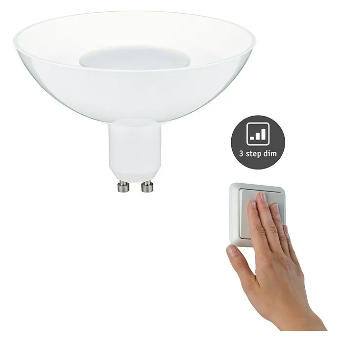 Paulmann LED-Lampe Reflektor Standard - Dimmbar, Warmweiß, 360 lm, 4,9 W, Weiß - Diese Aufnahme zeigt eine weiße LED-Lampe mit Dimmfunktion und einen Lichtschalter, der von einer Hand bedient wird.