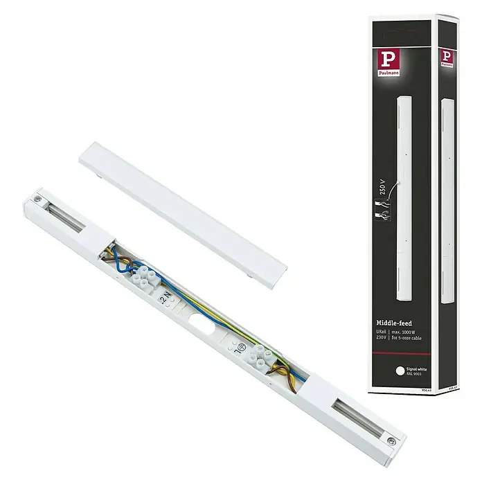 Paulmann URail Mittel-Einspeisung - L x B x H: 304 x 18 x 18 mm, Signalweiß - Produktbild des Paulmann URail Mittel-Einspeisers in Signalweiß, geeignet für 5-adrige Kabel, zur Verwendung im URail-Schienensystem.