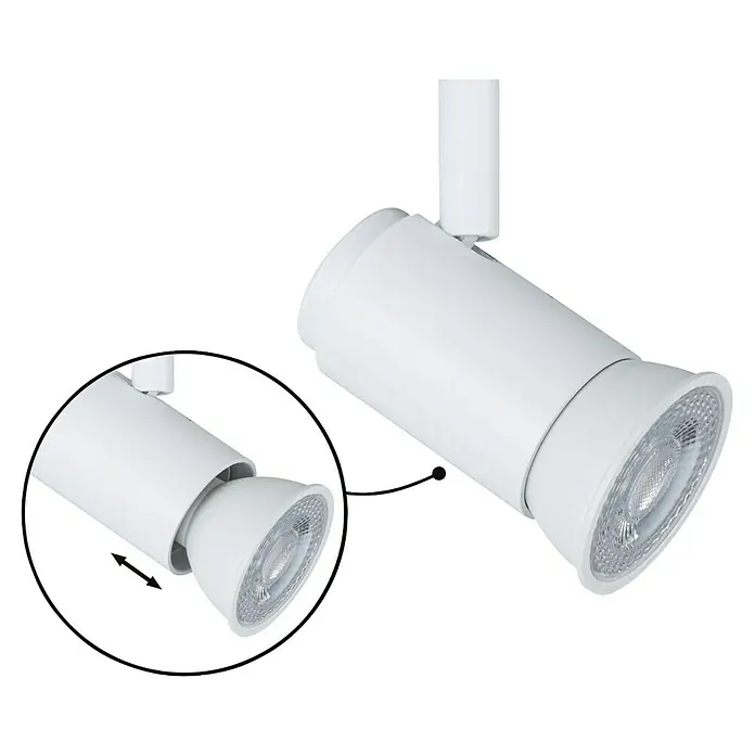 Paulmann URail LED-Spot Runa - 10 W, Signalweiß, 3,5 x 6 x 13,3 cm - Nahaufnahme einer verstellbaren weißen LED-Deckenleuchte mit modernem Design und schwenkbarem Kopf zur gezielten Beleuchtung.