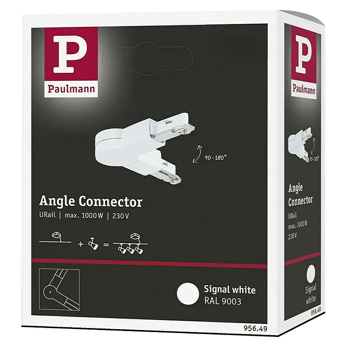 Paulmann URail Gelenkverbinder - Signalweiß, L x B x H: 157 x 36 x 18 mm - Produktverpackung eines weißen Paulmann URail Eckverbinders, geeignet für max. 1000W und 230V, mit einem Signalweiß (RAL 9003) Farbton.