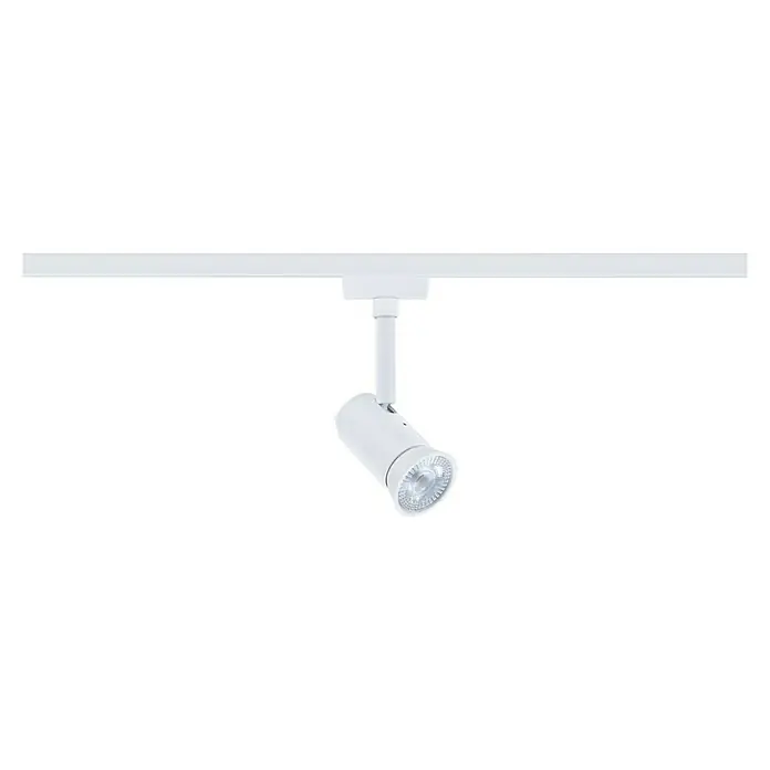 Paulmann URail LED-Spot Runa - 10 W, Signalweiß, 3,5 x 6 x 13,3 cm - Nahaufnahme einer weißen LED-Track-Spot-Leuchte an einer weißen Schiene, die sich ideal für die Akzentbeleuchtung eignet.