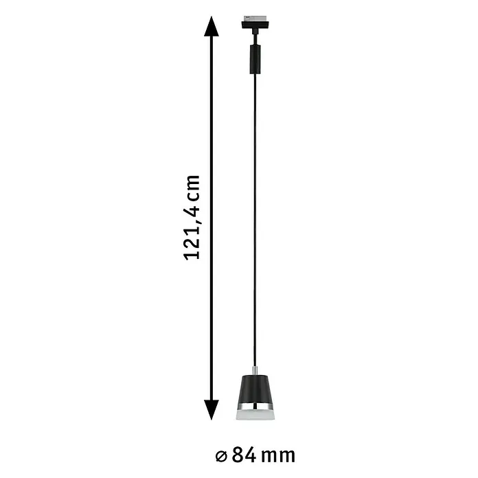 Paulmann URail Pendelleuchte Cone - Ø x H: 8,4 x 121,4 cm, Schwarz matt - Detailansicht einer schwarzen Pendelleuchte mit silbernen Akzenten und Maßen, die eine stilvolle Beleuchtungslösung bietet.