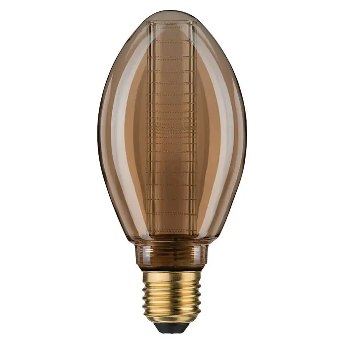 Paulmann LED-Lampe Inner Glow Edition Ring - Dimmbar, Warmweiß, 120 lm, 7,5 cm - Nahaufnahme einer dekorativen, bernsteinfarbenen Edison-Glühbirne mit sichtbaren LED-Filamenten und einem goldenen Schraubsockel vor schwarzem Hintergrund.