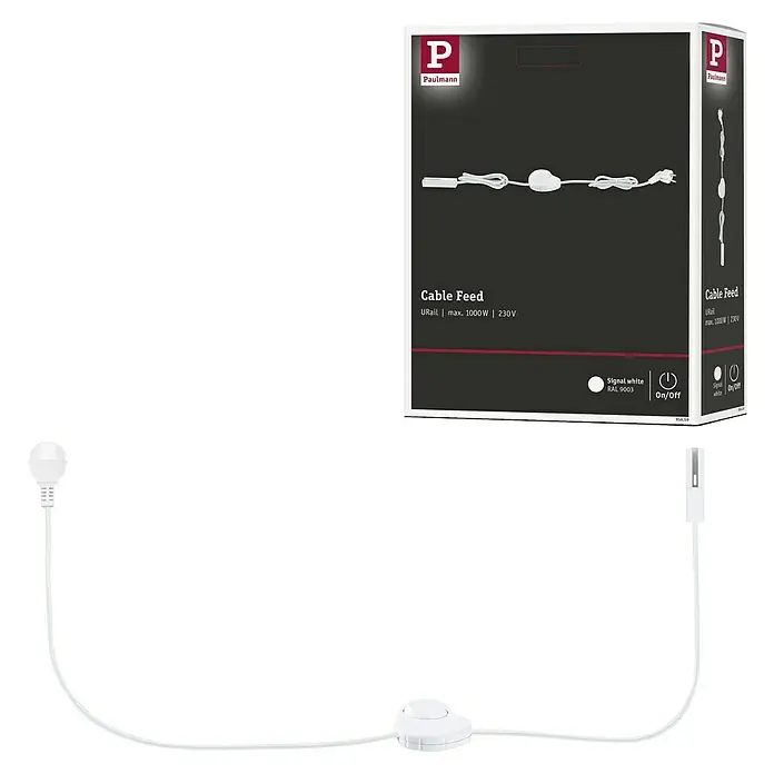 Paulmann URail Stromeinspeisung - Signalweiß, 200 cm - Ein Paulmann URail Kabeleinspeisungs-Set in Weiß, bestehend aus Kabel, Stecker und Schalter, abgebildet mit der Produktverpackung.