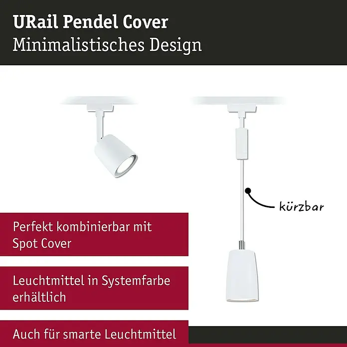 Paulmann URail Pendelleuchte Cover - Ø x H: 6,5 x 122 cm, Signalweiß - Produktabbildung: URail Pendel Cover im minimalistischen Design, perfekt kombinierbar mit Spot Cover, Leuchtmittel in Systemfarbe erhältlich. Auch für smarte Leuchtmittel geeignet.