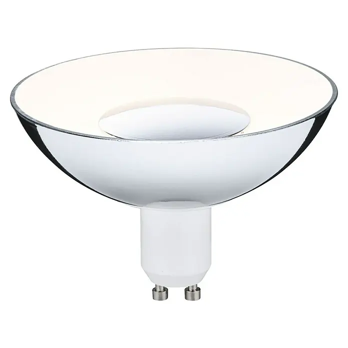 Paulmann LED-Lampe Reflektor Standard - Dimmbar, Warmweiß, 360 lm, 4,9 W, Silber - Das Bild zeigt eine GU10 LED Lampe mit einem chromfarbenen Reflektor und einem weißen Sockel. Ideal für moderne Beleuchtungslösungen.