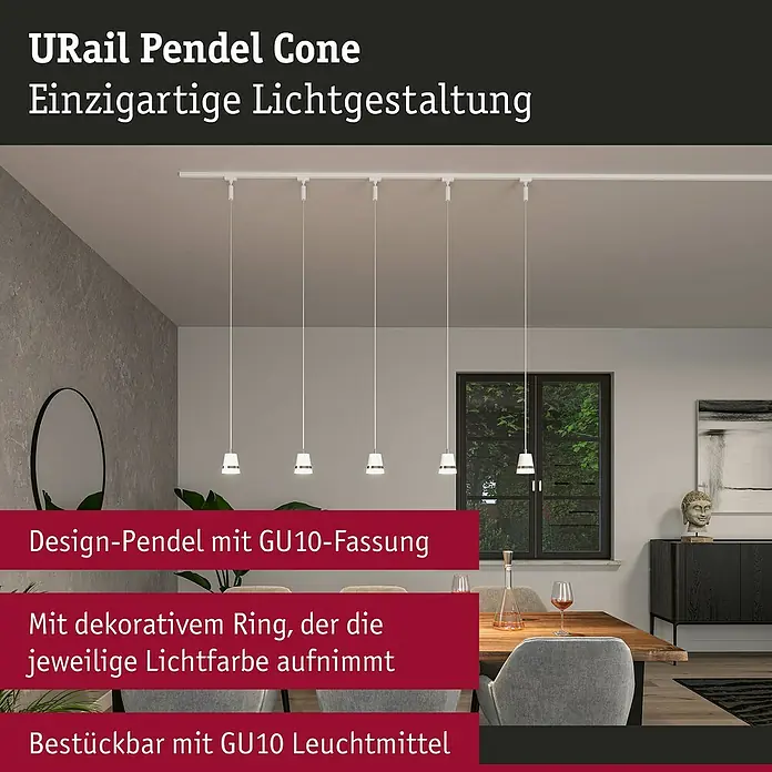 Paulmann URail Pendelleuchte Cone - Ø x H: 8,4 x 121,4 cm, Signalweiß - Das Bild zeigt die URail Pendel Cone Leuchte, ein stilvolles Beleuchtungselement für einzigartige Lichtgestaltung im Raum.
