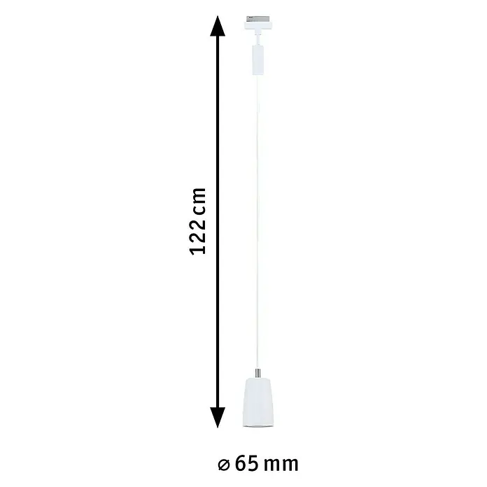 Paulmann URail Pendelleuchte Cover - Ø x H: 6,5 x 122 cm, Signalweiß - Abmessungen einer weißen Pendelleuchte mit einer Höhe von 122 cm und einem Durchmesser von 65 mm.