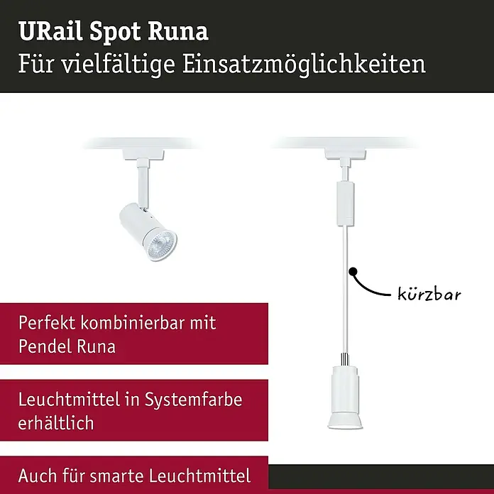 Paulmann URail LED-Spot Runa - 10 W, Signalweiß, 3,5 x 6 x 13,3 cm - URail Spot Runa: Vielseitige Einsatzmöglichkeiten. Die Leuchte ist perfekt kombinierbar mit Pendel Runa und auch für smarte Leuchtmittel erhältlich.