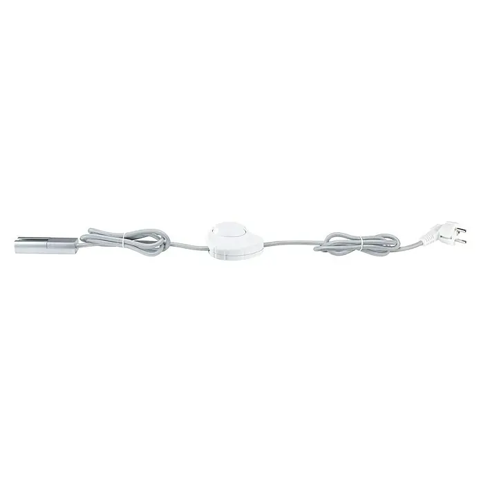Paulmann URail Stromeinspeisung - Chrom matt, 200 cm - Weißes Netzkabel, zusammengerollt mit einem Netzteil in der Mitte und einem Stecker an einem Ende für Laptops oder andere Geräte.
