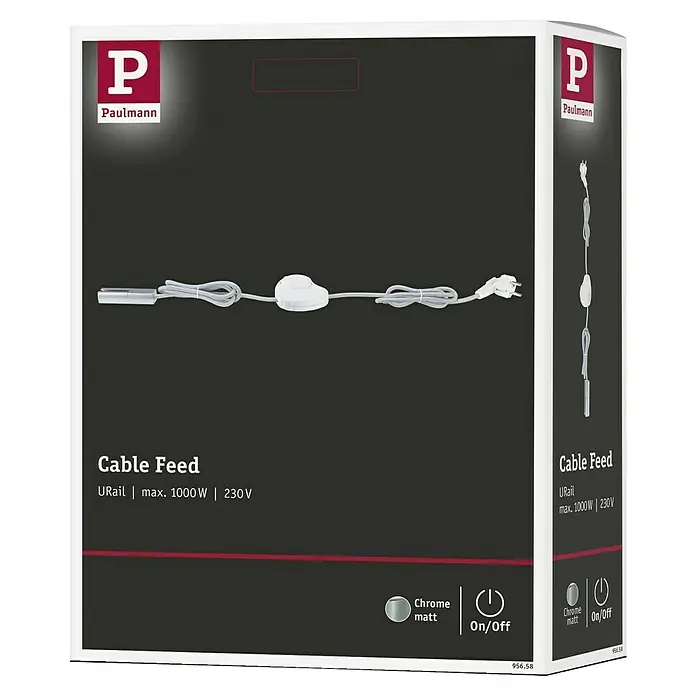 Paulmann URail Stromeinspeisung - Chrom matt, 200 cm - Produktverpackung für ein Paulmann URail Kabel-Zuführungssystem mit max. 1000W Leistung und 230V, in Chrom matt Ausführung mit Ein/Aus-Schalter.