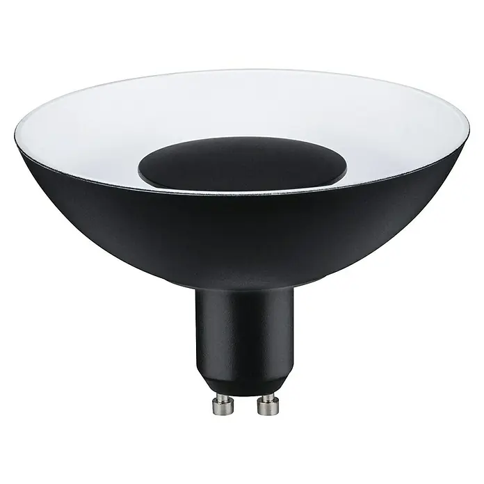 Paulmann LED-Lampe Reflektor Standard - Dimmbar, Warmweiß, 360 lm, 4,9 W, Schwarz - Nahaufnahme einer schwarzen Lampe mit weißer Innenseite, die ein modernes und elegantes Design für die Innenbeleuchtung zeigt.