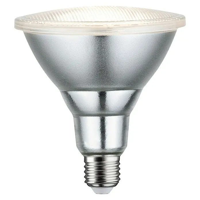 Paulmann LED-Lampe Reflektor Par38 - Dimmbar, Warmweiß, 1.000 lm, 13,8 W - Nahaufnahme einer LED-Lampe mit silbernem Gehäuse und klarem, strukturiertem Lichtaustritt. Energiesparend und modern für verschiedene Anwendungen.