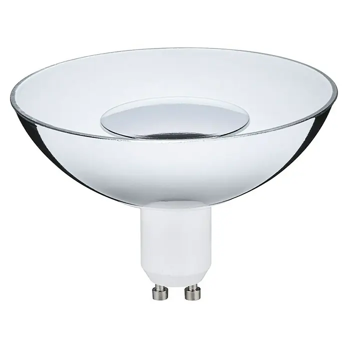 Paulmann LED-Lampe Reflektor Standard - Dimmbar, Warmweiß, 360 lm, 4,9 W, Silber - Nahaufnahme einer MR16 LED-Lampe. Das LED-Leuchtmittel hat einen silbernen Reflektor und einen weißen Sockel mit zwei Stiften.