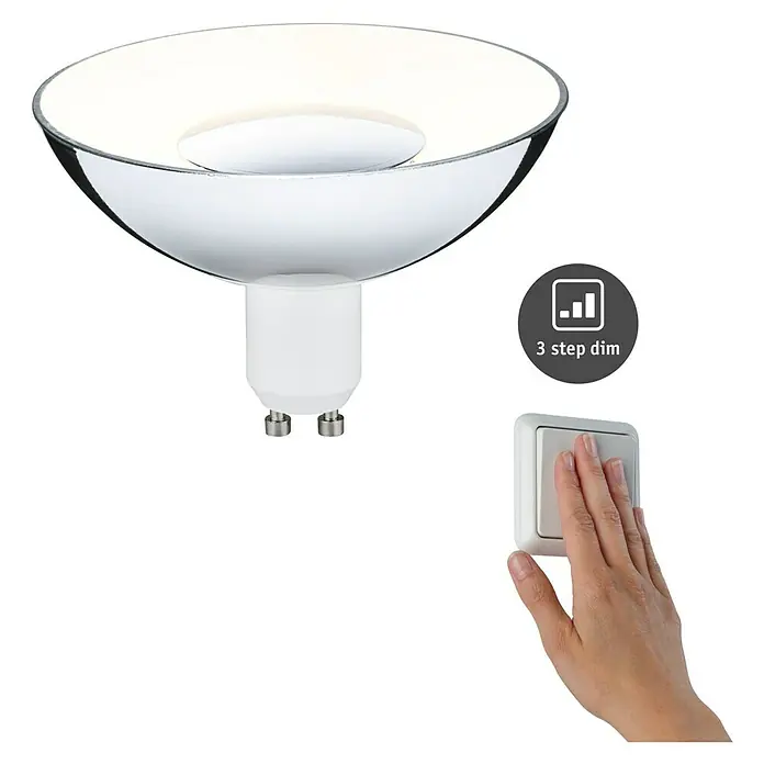Paulmann LED-Lampe Reflektor Standard - Dimmbar, Warmweiß, 360 lm, 4,9 W, Silber - Abbildung einer dimmbaren LED-Lampe mit drei Stufen, die mit einem Wandschalter bedient wird.