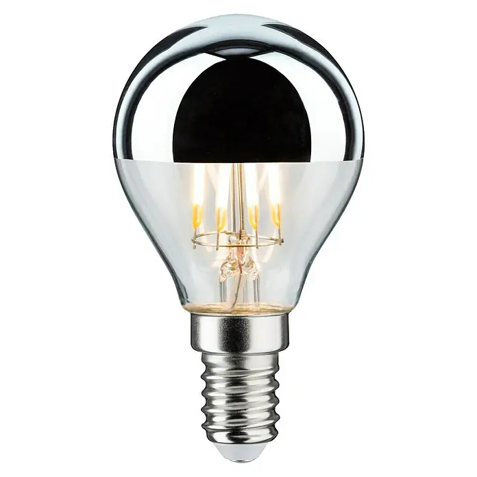 Paulmann LED-Lampe Modern Classic Edition - Dimmbar, Warmweiß, 440 lm - Nahaufnahme einer LED-Filamentlampe mit verspiegelter Oberseite und E14-Sockel, ideal für dekorative Beleuchtung und energieeffiziente Beleuchtungslösungen.