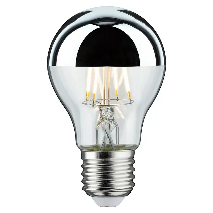 Paulmann LED-Lampe Modern Classic Edition - Nicht Dimmbar, Warmweiß, 600 lm, Silber Kopf - Nahaufnahme einer LED-Lampe mit verspiegelter Oberseite, die ein warmes, einladendes Licht abstrahlt und Energieeffizienz verspricht.