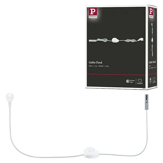 Paulmann URail Stromeinspeisung - Chrom matt, 200 cm - Produktbild eines Paulmann URail Kabeleinspeisung-Sets, bestehend aus Kabel, Stecker und Schalter, präsentiert vor der Produktverpackung.