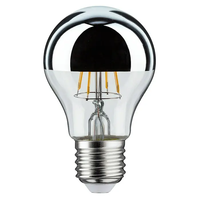 Paulmann LED-Lampe Modern Classic Edition - Nicht Dimmbar, Warmweiß, 580 lm, Silber Kopf - Nahaufnahme einer verspiegelten LED-Lampe. Die Lampe hat ein einzigartiges Design und ist ideal für dekorative Beleuchtung.