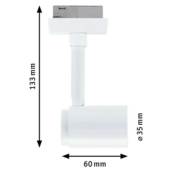 Paulmann URail LED-Spot Runa - 10 W, Signalweiß, 3,5 x 6 x 13,3 cm - Abbildung einer weißen LED-Deckenleuchte mit den Maßen 133 mm Höhe, 60 mm Länge und einem Durchmesser von 35 mm.